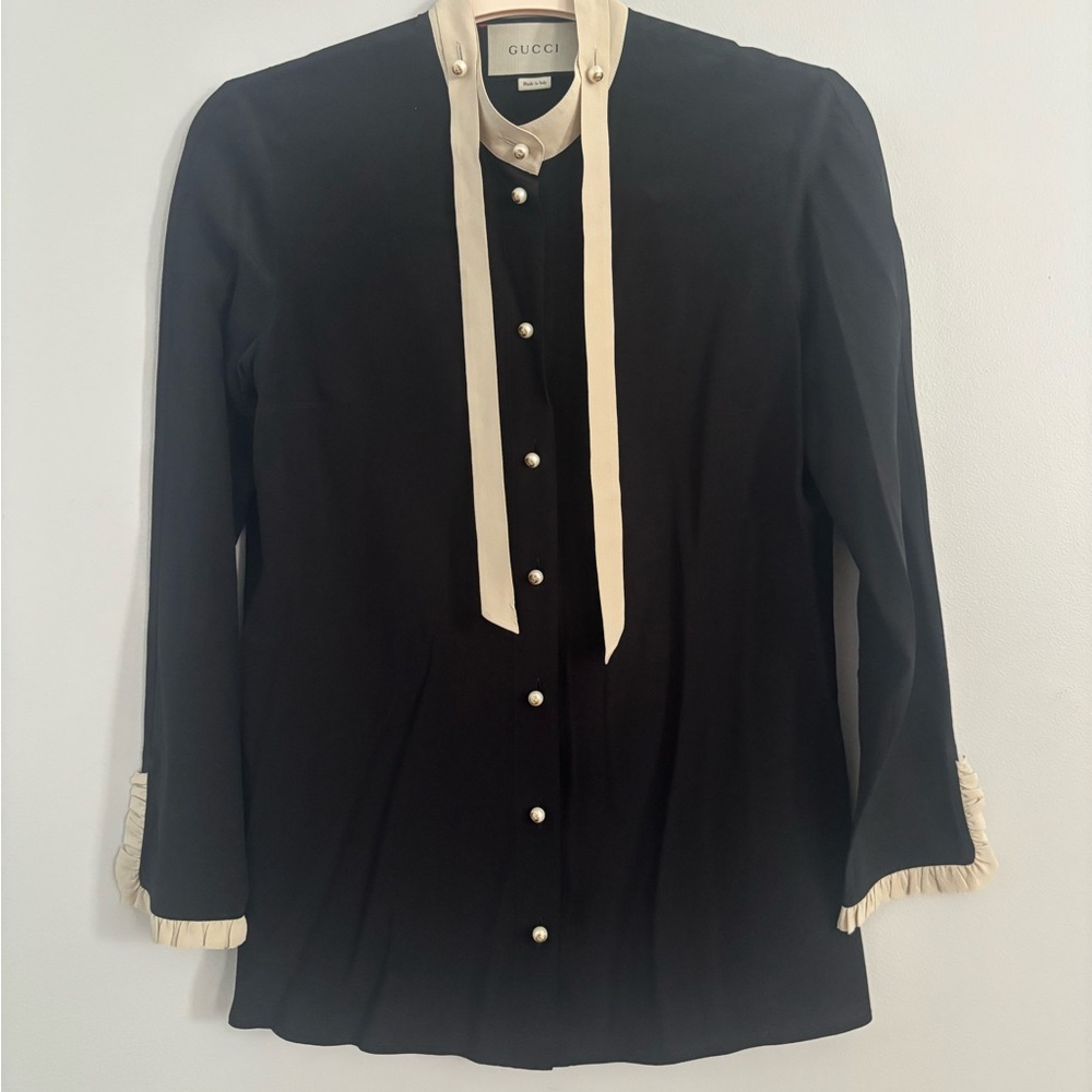 Gucci Black and Cream Blouse with Pearl Accents